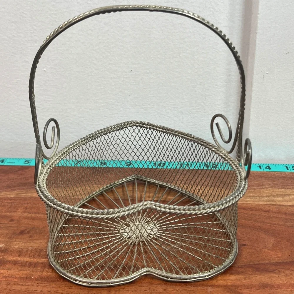 Vintage Silver Heart Shaped Wire Mesh Basket with Handle Scroll Detail Decor